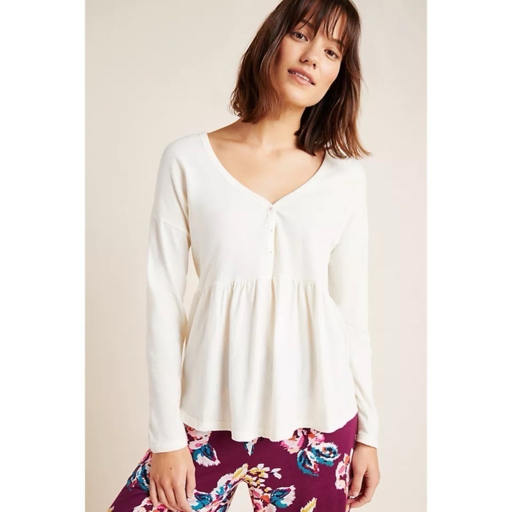 Saturday Sunday Anthropologie White Cotton Peplum Henley Top L Boho Casual